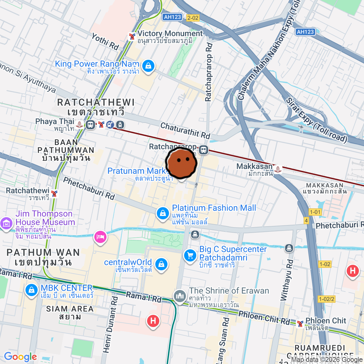 A map showing where Pratunam Market is in Krung Thep Maha Nakhon