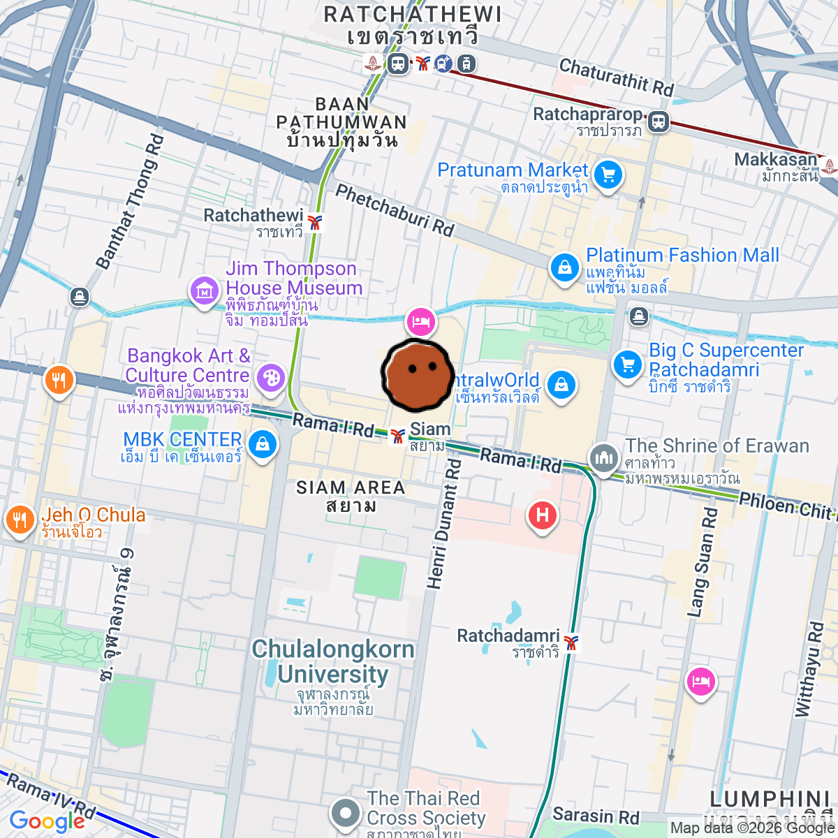 A map showing where Siam Paragon is in Krung Thep Maha Nakhon
