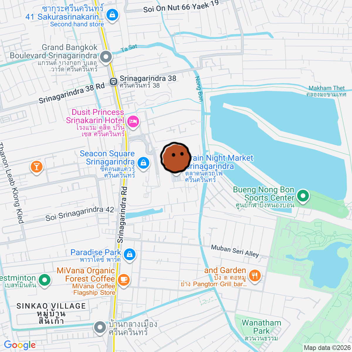 A map showing where Train Night Market Srinagarindra is in Krung Thep Maha Nakhon