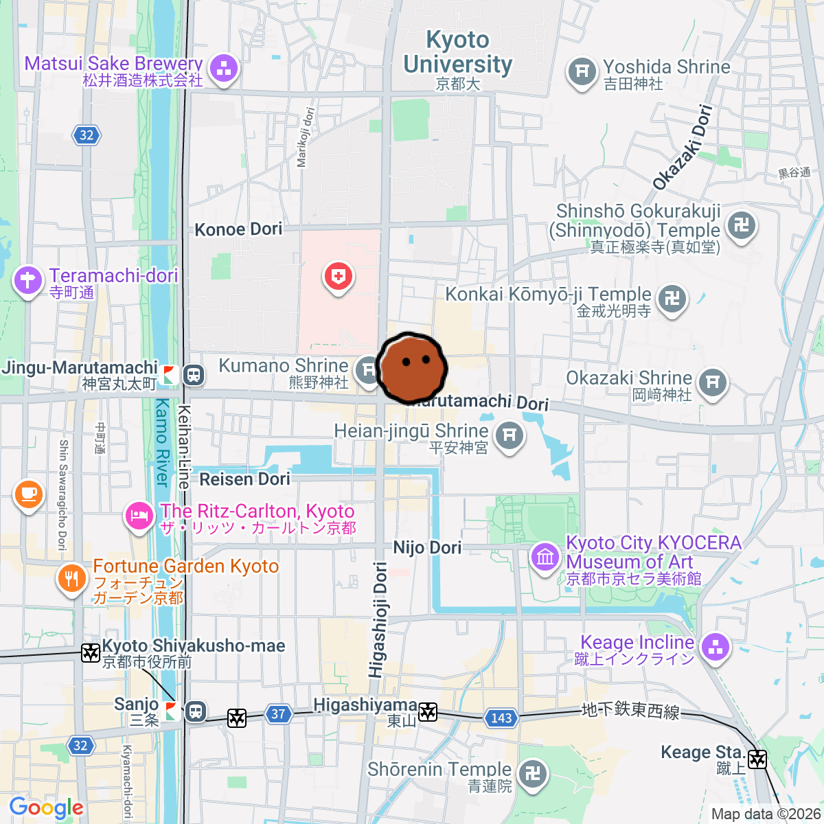 A map showing where jazz spot YAMATOYA is in Kyoto