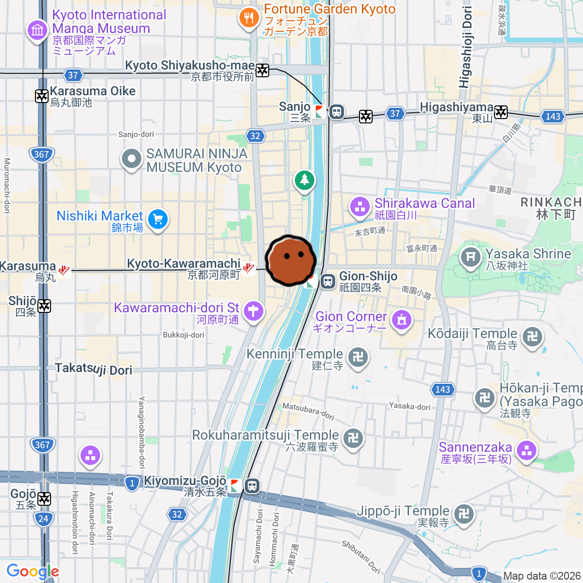 A map showing where Rokudenashi is in Kyoto