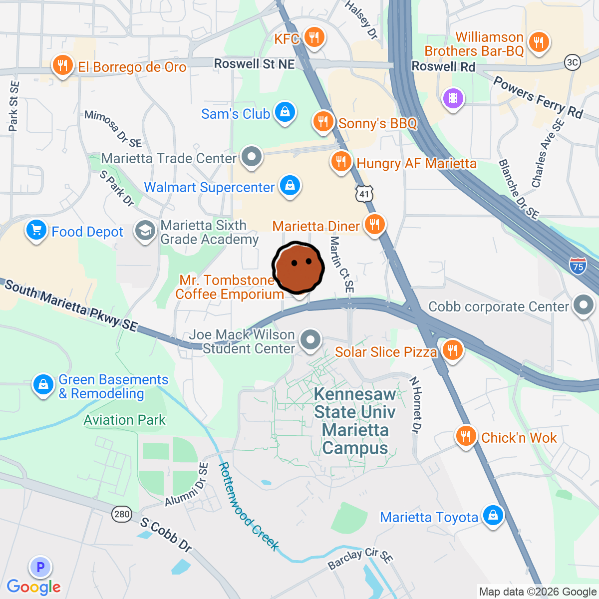 A map showing where Mr. Tombstone’s Coffee Emporium is in Marietta