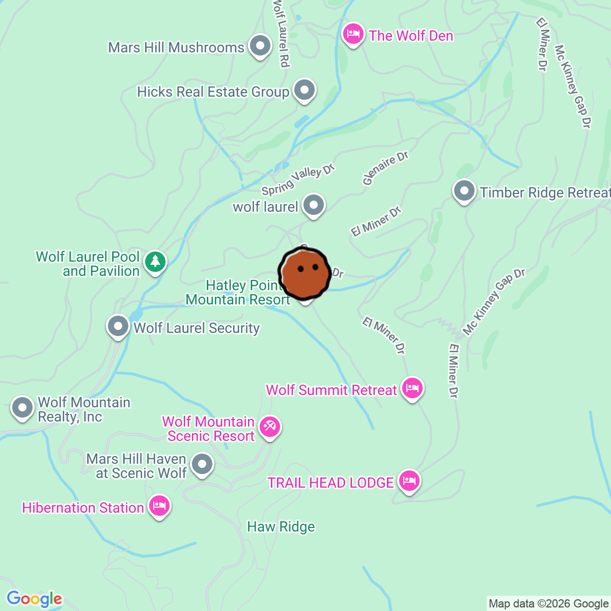 A map showing where Hatley Pointe Mountain Resort is in Mars Hill