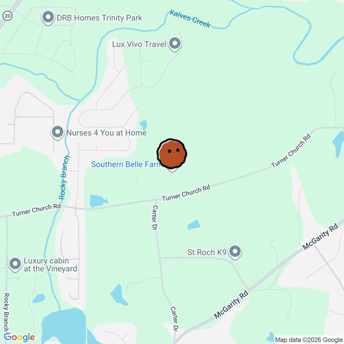 A map showing where Southern Belle Farm is in McDonough