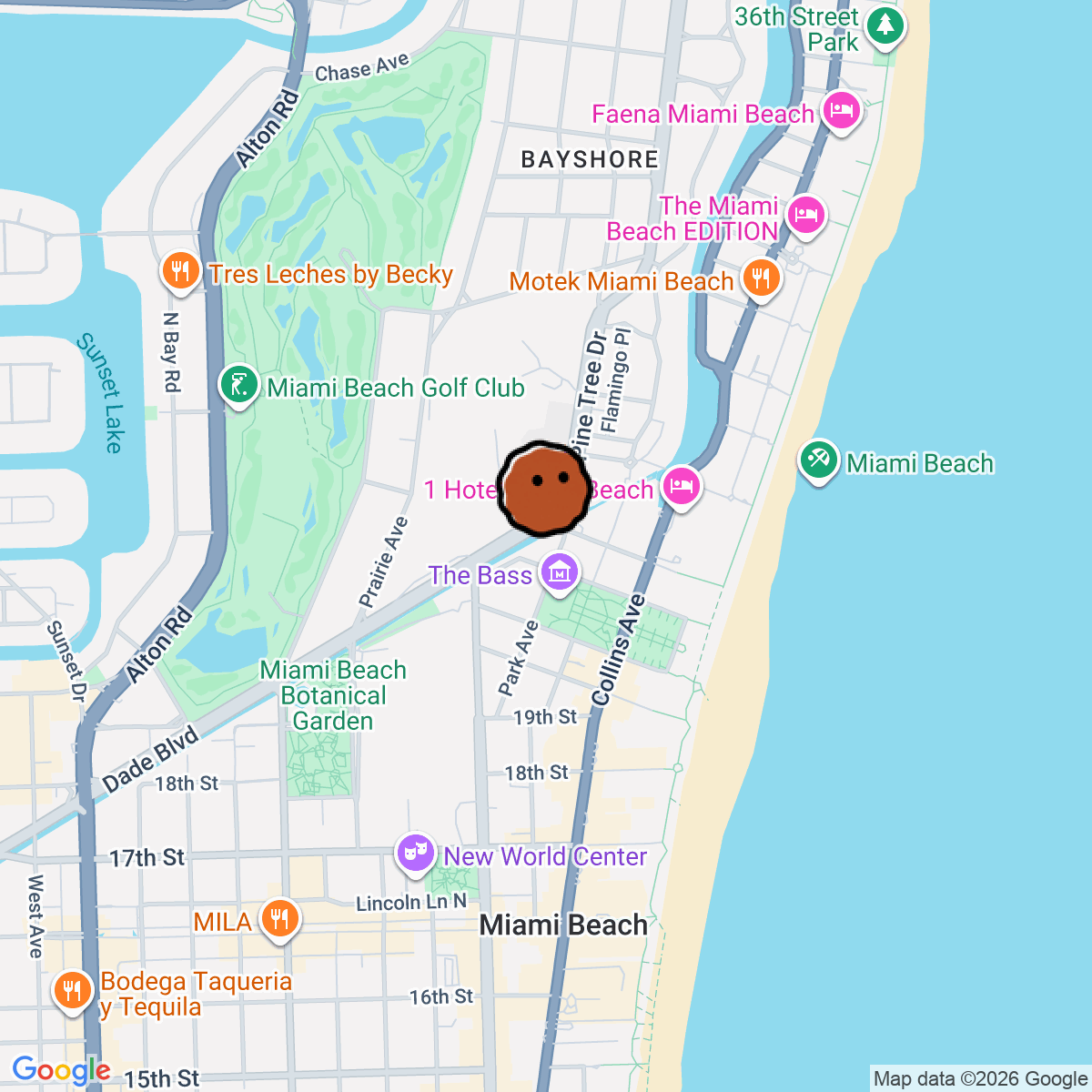 A map showing where Casa Rassi is in Miami Beach