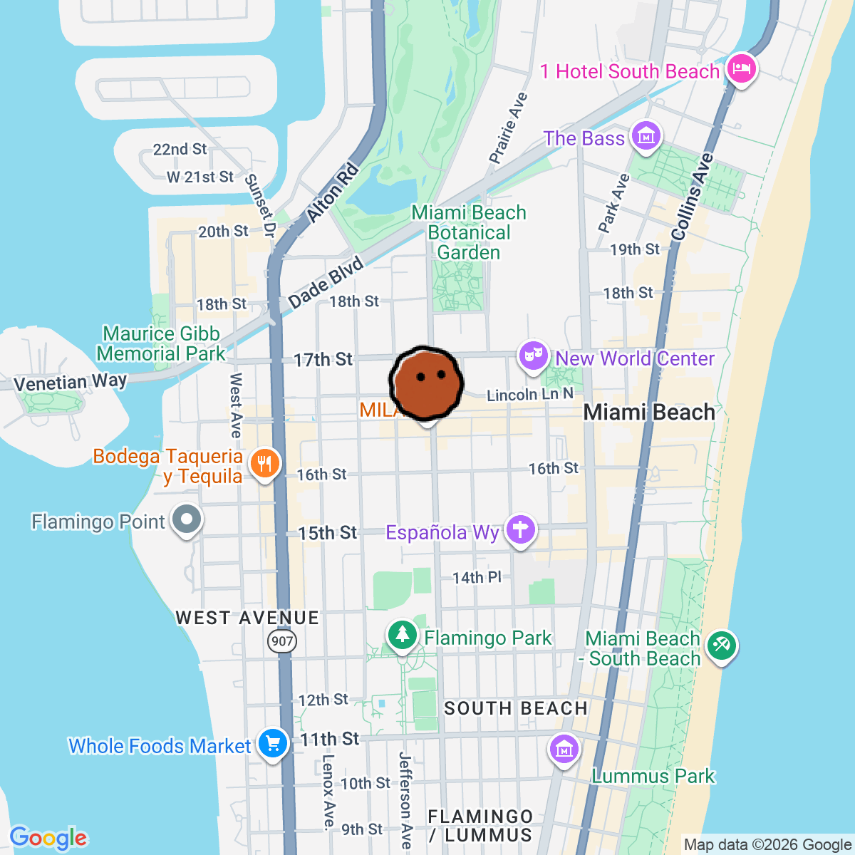 A map showing where MILA is in Miami Beach