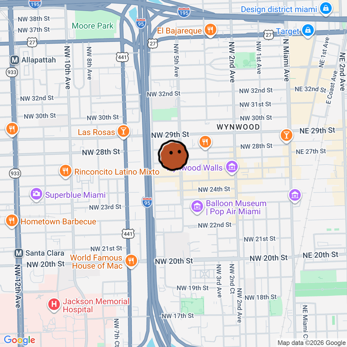 A map showing where Dante's HiFi is in Miami