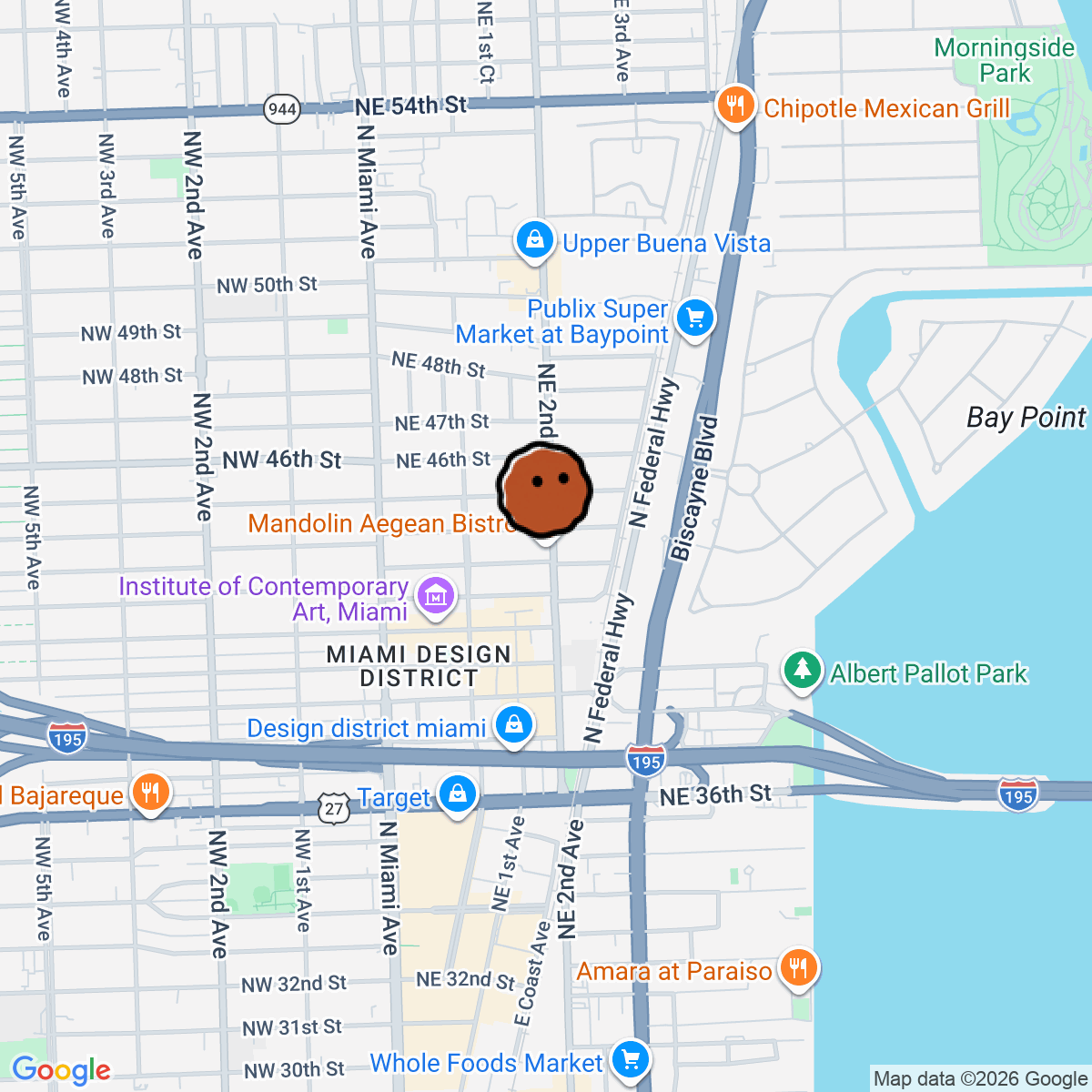 A map showing where Mandolin Aegean Bistro is in Miami