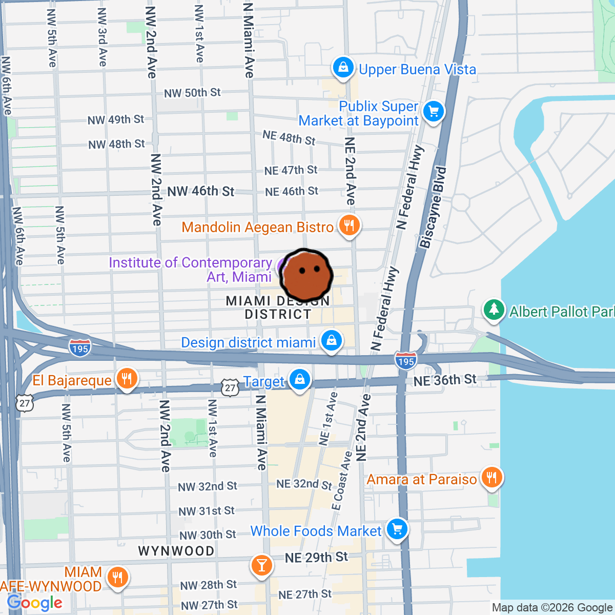 A map showing where Miami Design District is in Miami
