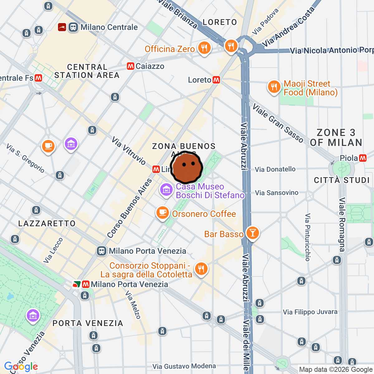 A map showing where Bene Bene Bar is in Milano