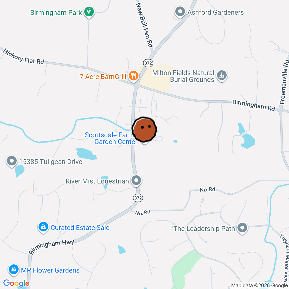 A map showing where Scottsdale Farms Garden Center is in Milton