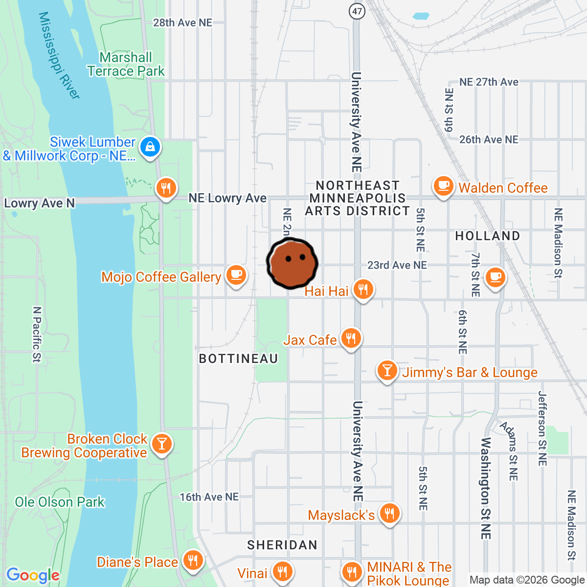 A map showing where Small Hours is in Minneapolis