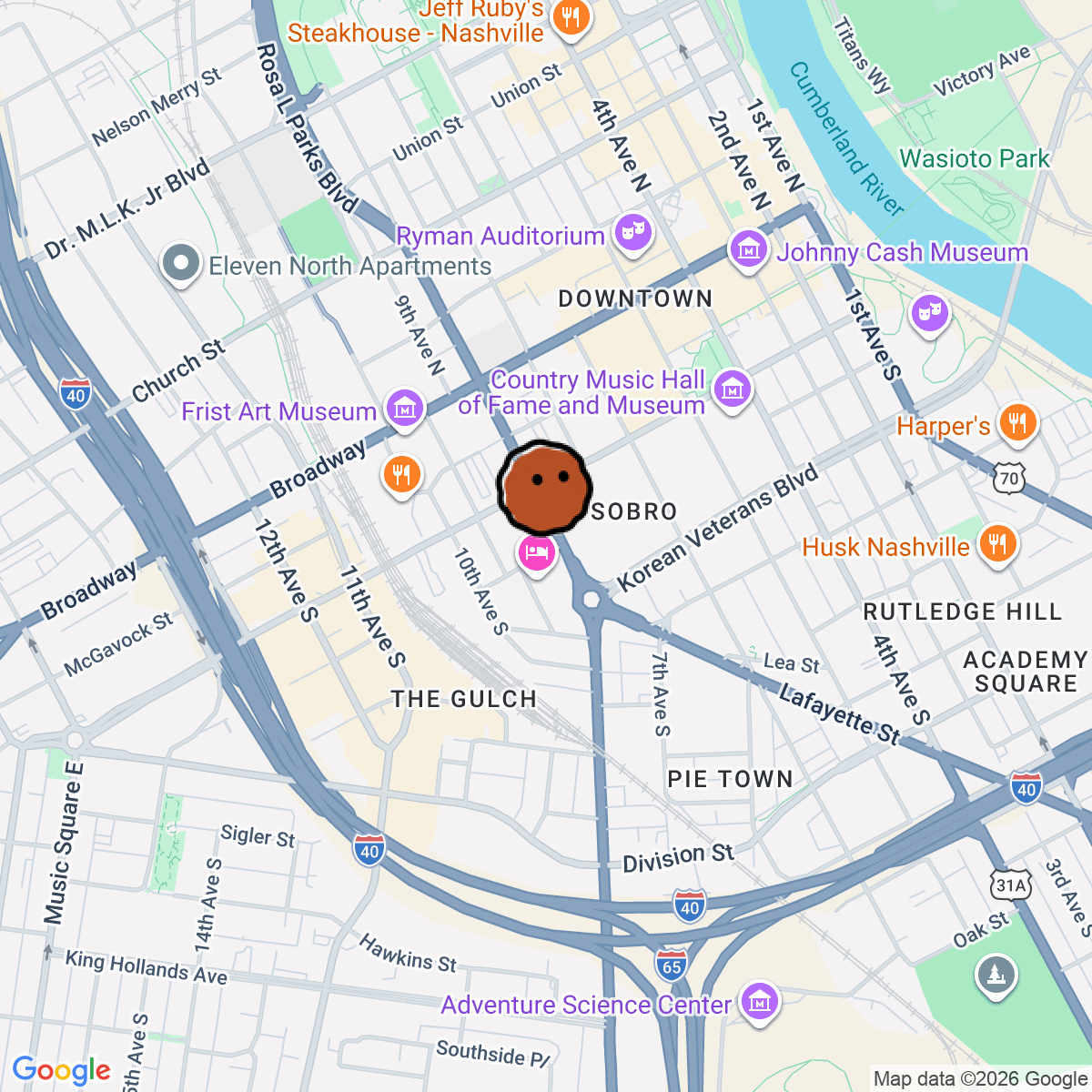 A map showing where 888 is in Nashville