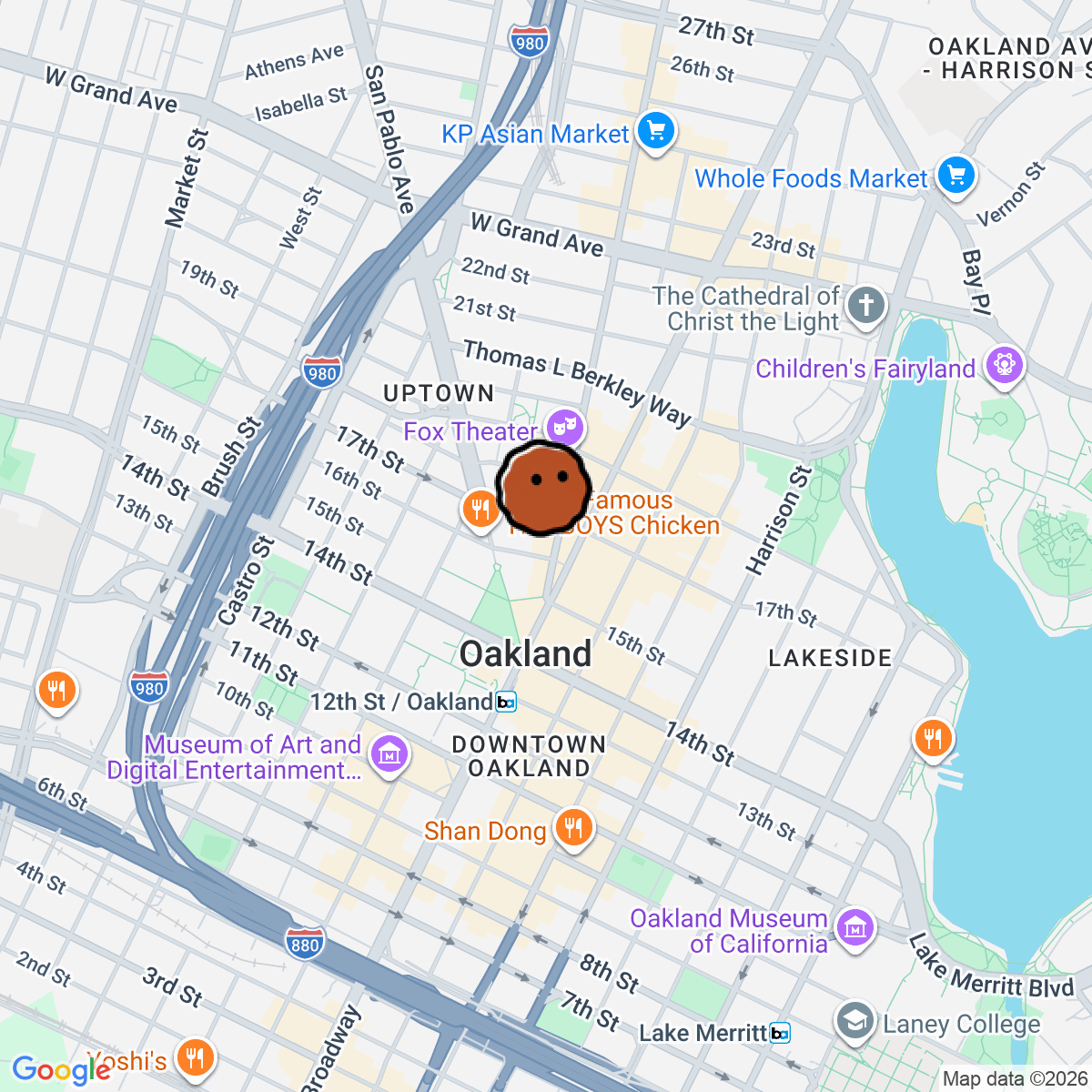 A map showing where Bar Shiru is in Oakland