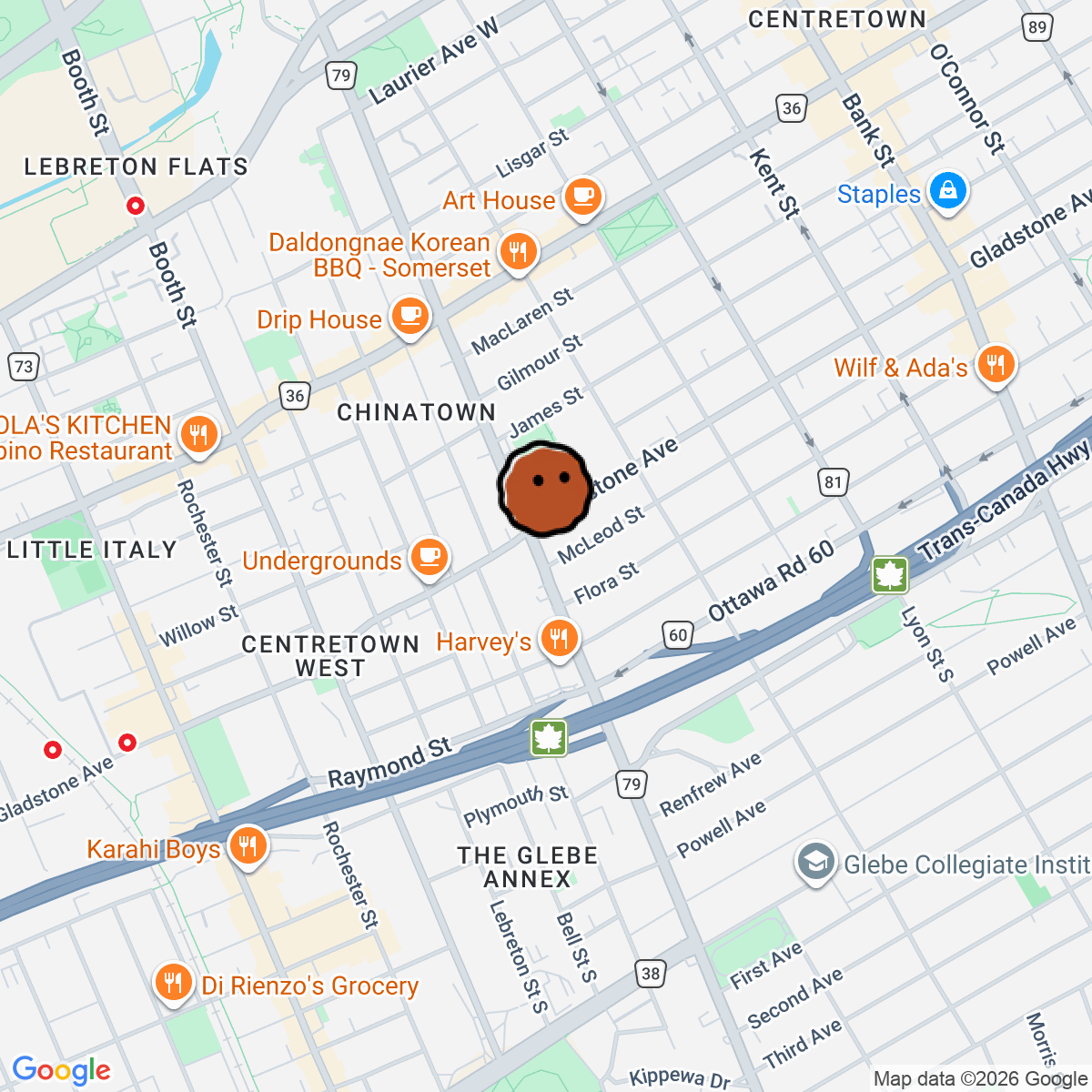 A map showing where FONO HiFi Lounge is in Ottawa