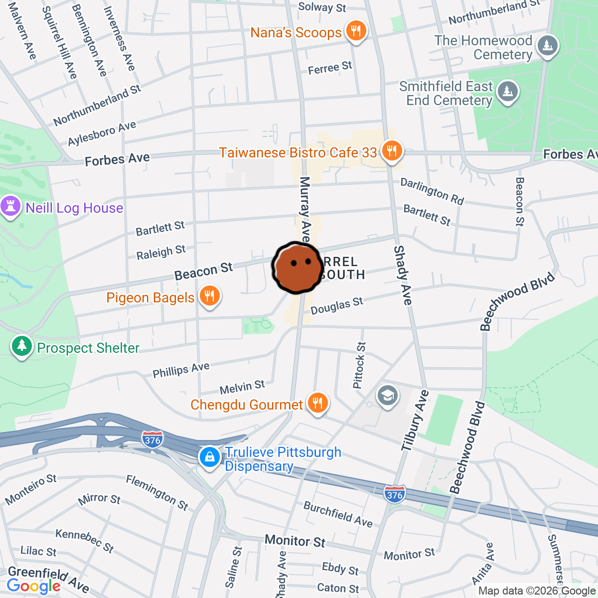 A map showing where Aiello's Pizza Squirrel Hill is in Pittsburgh