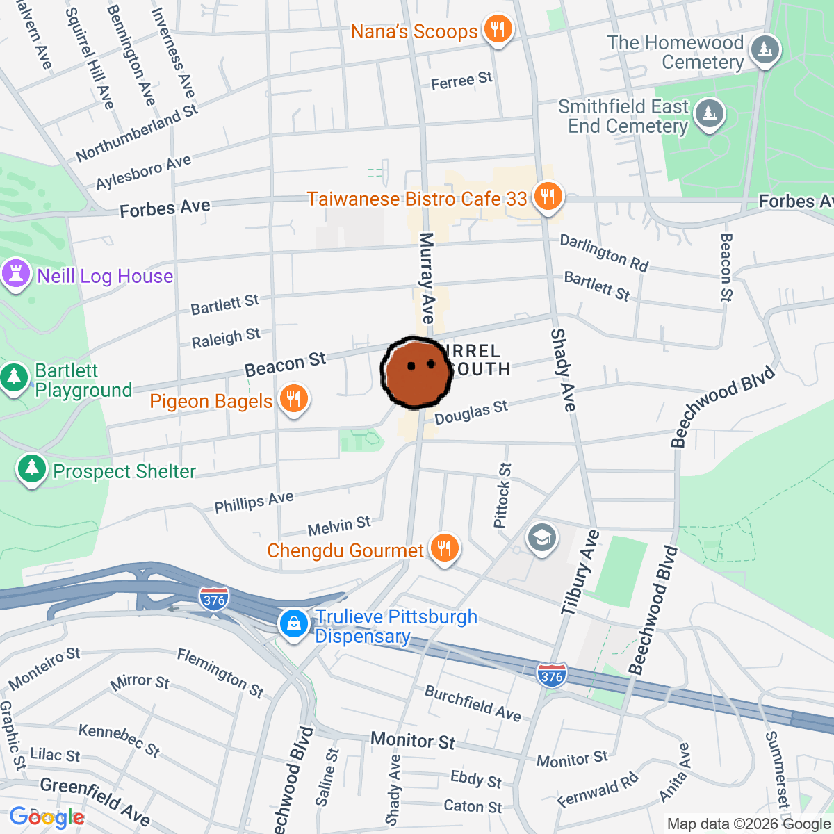 A map showing where Mineo's Pizza House is in Pittsburgh