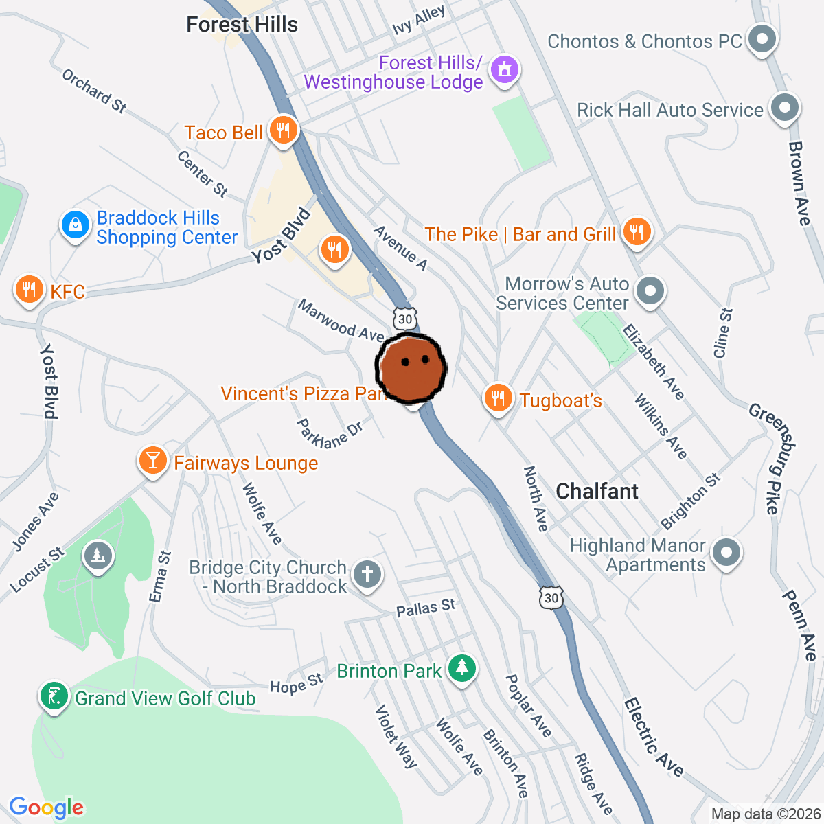 A map showing where Vincent's Pizza Park is in Pittsburgh