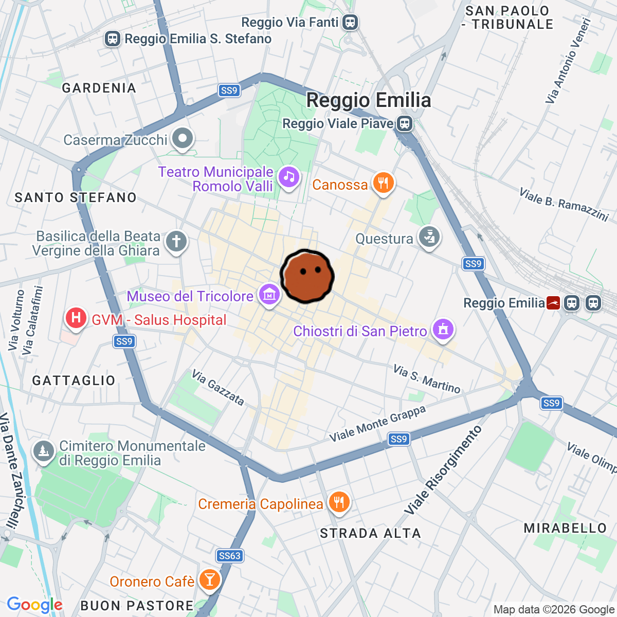 A map showing where The Riff - Hi-Fi Cocktail Restaurant is in Reggio nell'Emilia
