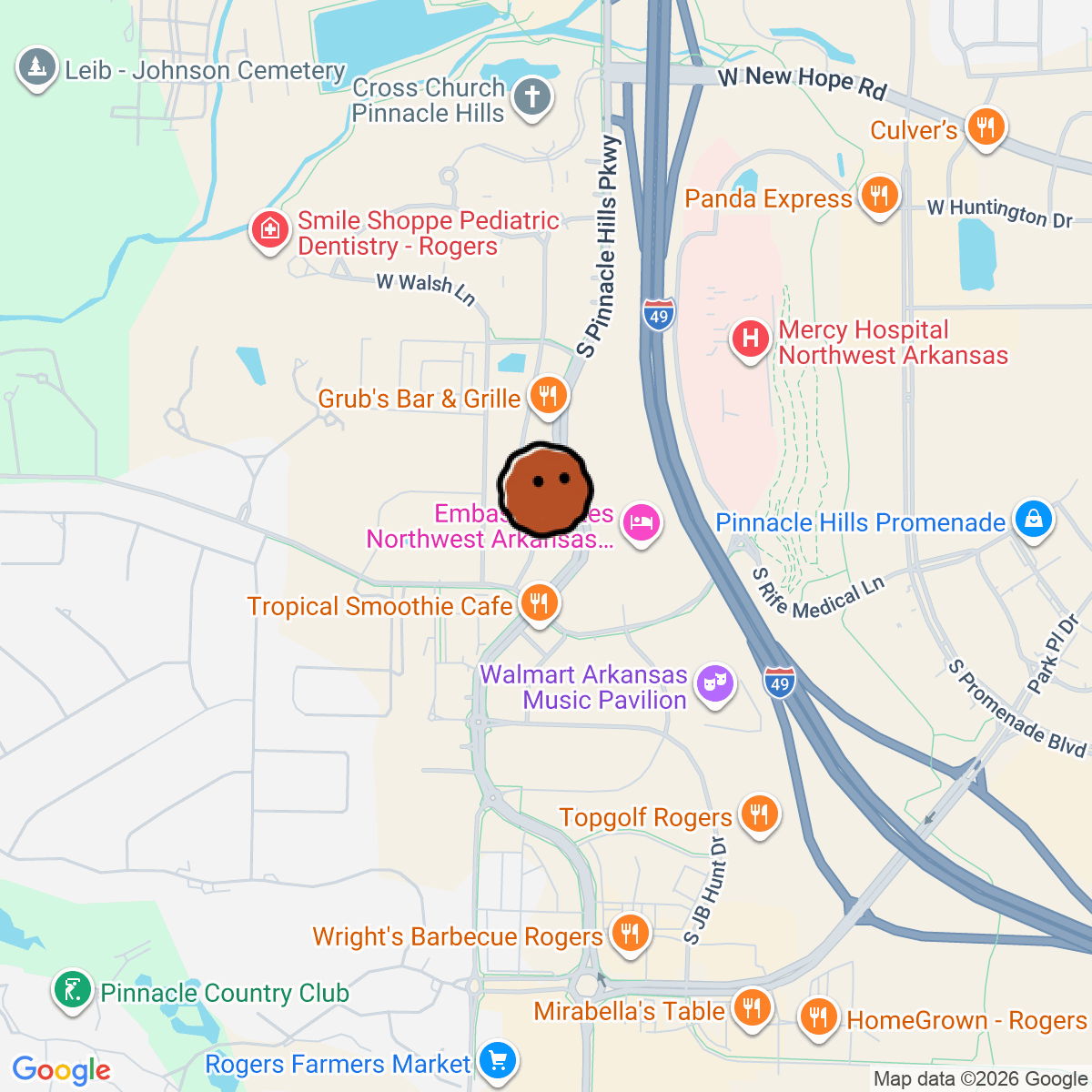A map showing where Hubbard Clothing Co. is in Rogers