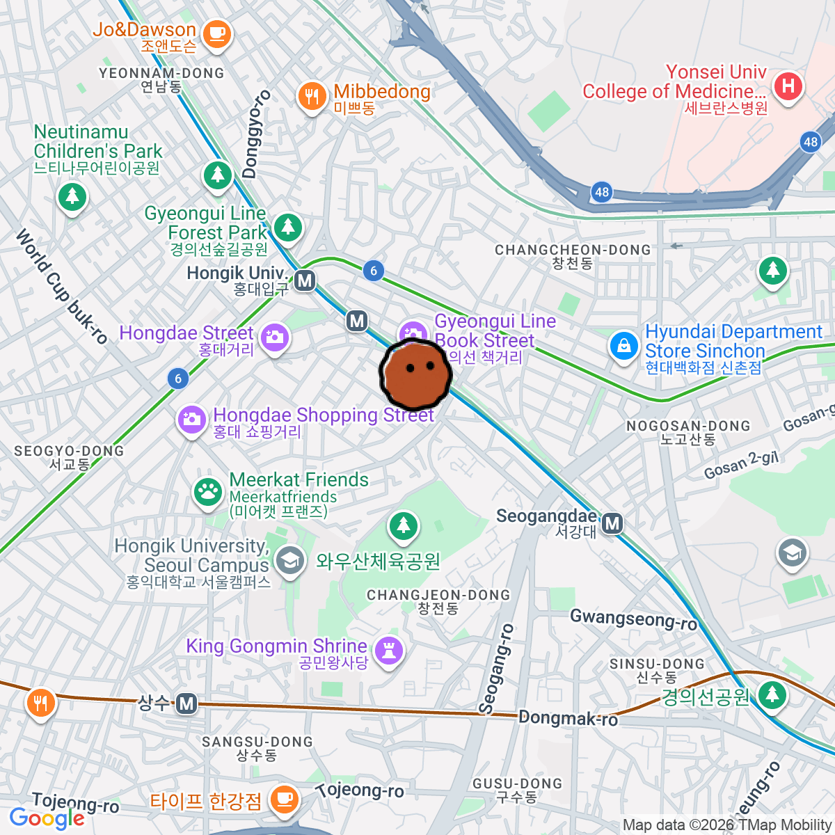 A map showing where 곱창전골 is in Seoul