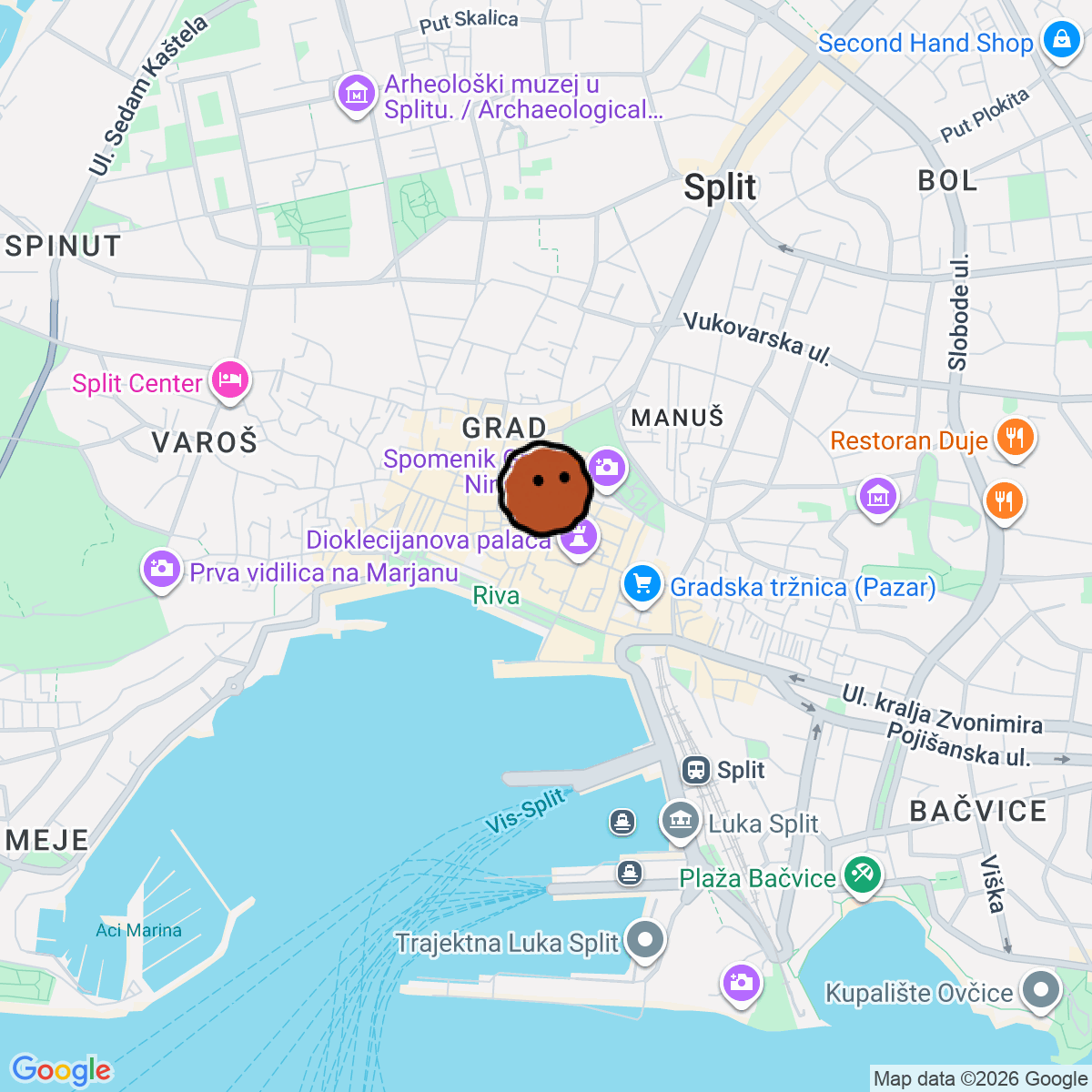 A map showing where Parasol - food and bar is in Split