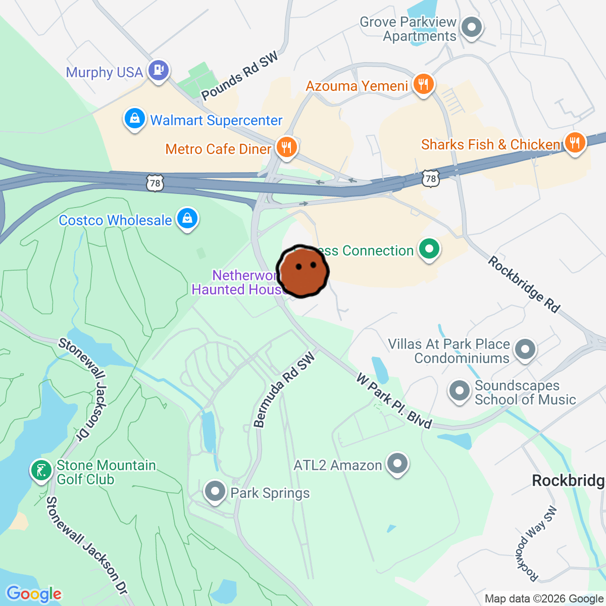 A map showing where Netherworld Haunted House is in Stone Mountain