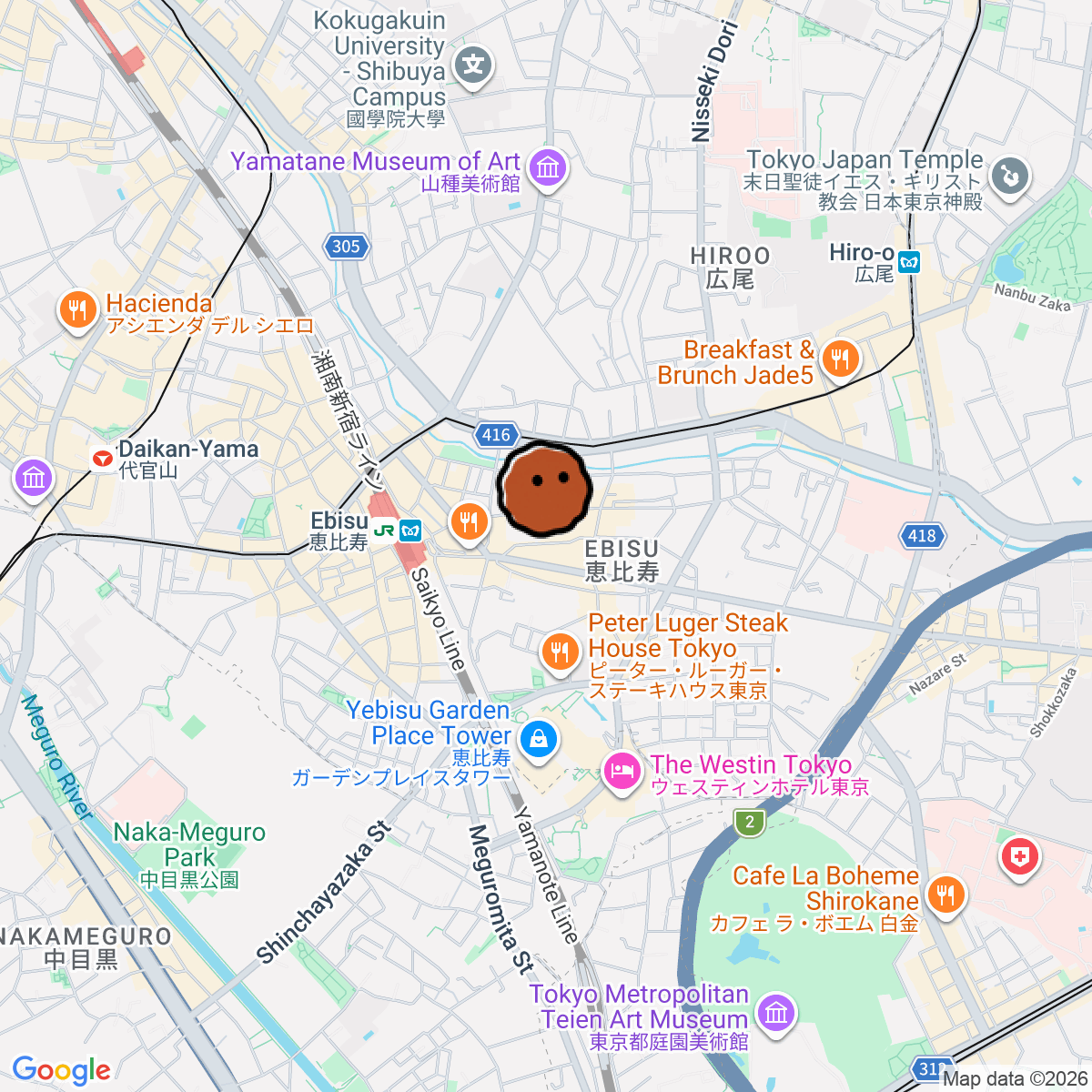 A map showing where Bar Martha is in Tokyo