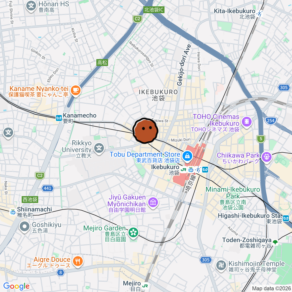 A map showing where Paper Moon is in Tokyo