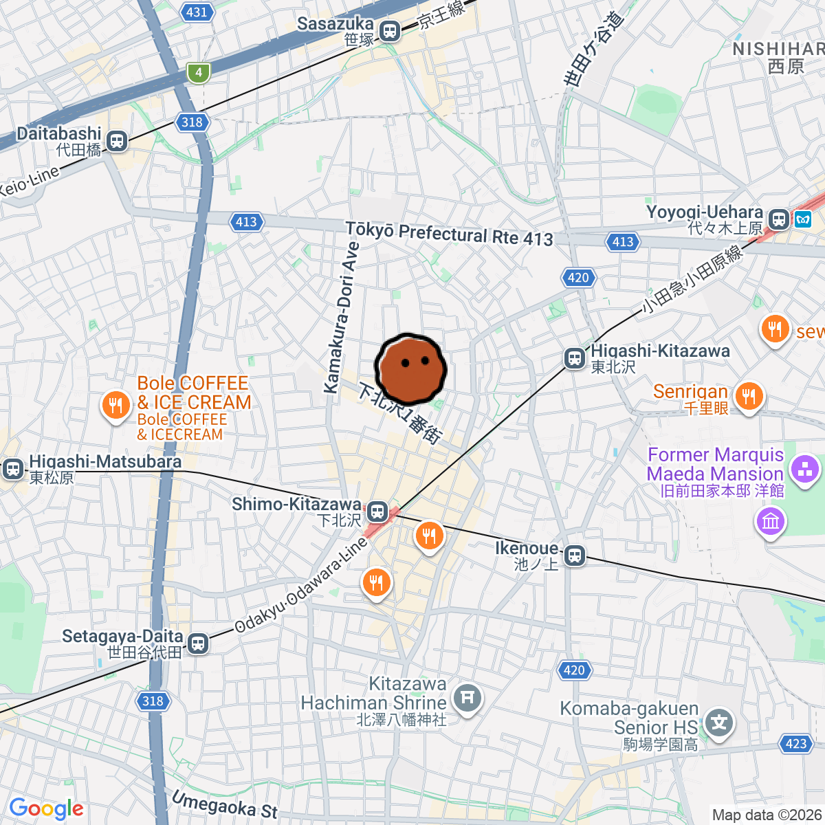 A map showing where Upstairs Records & Bar is in Tokyo