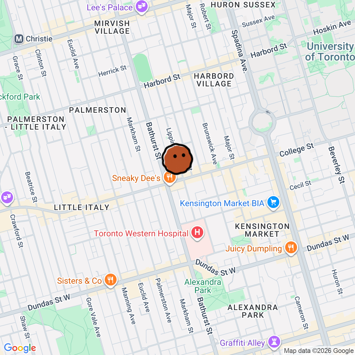 A map showing where The Little Jerry is in Toronto