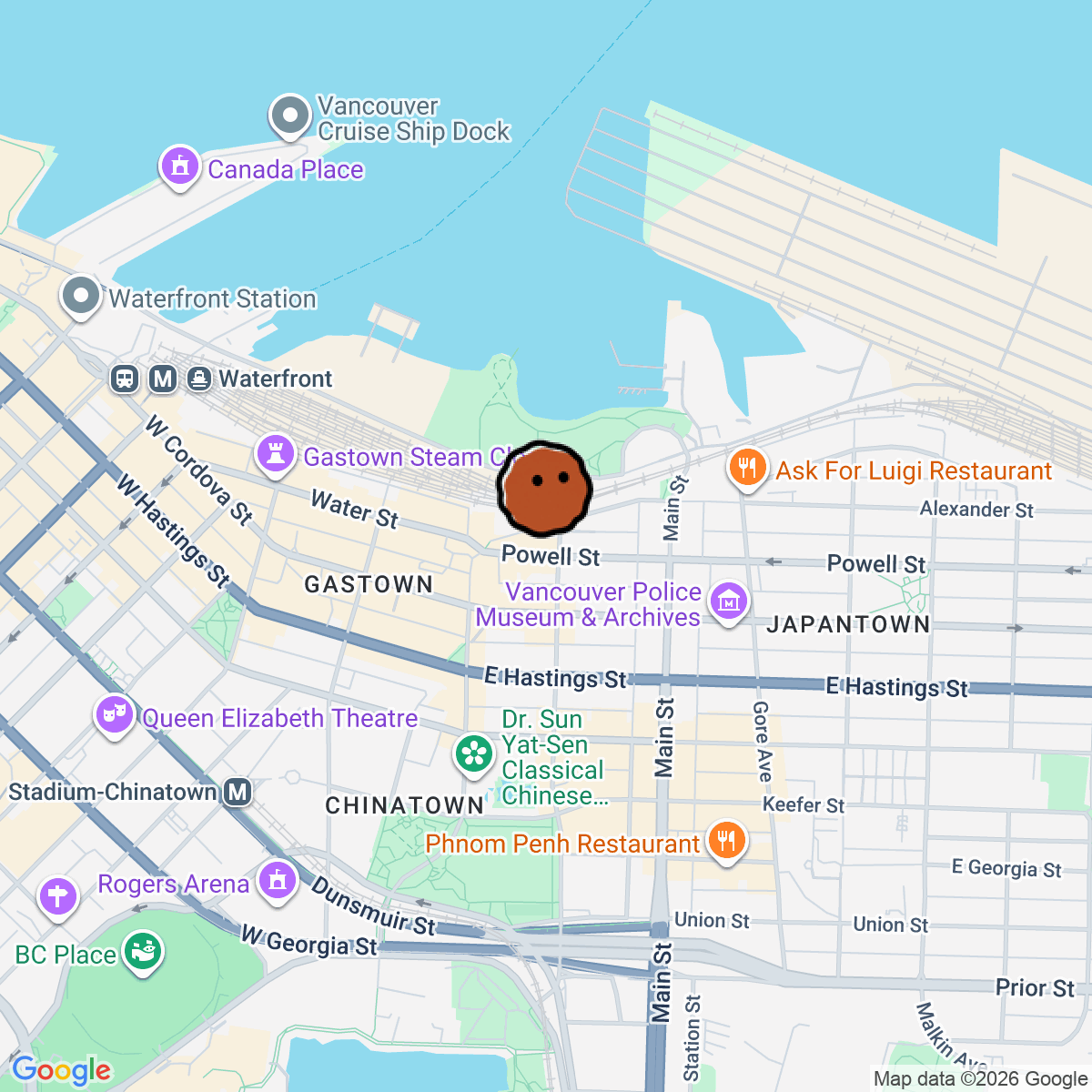 A map showing where Amber Gastown is in Vancouver