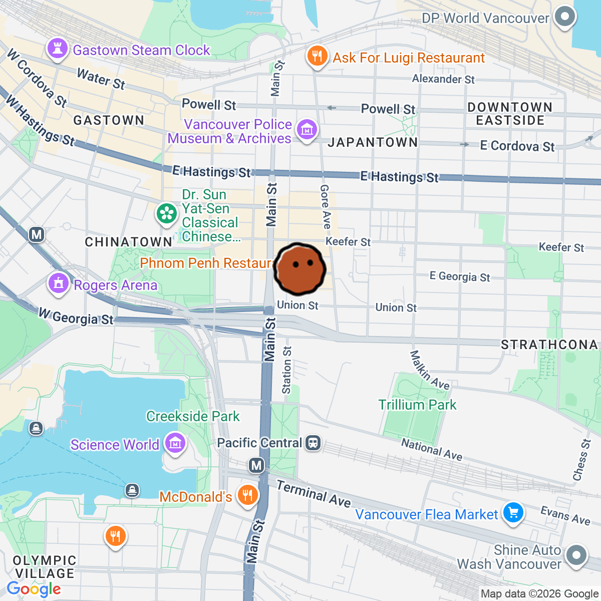 A map showing where Bar Gobo is in Vancouver