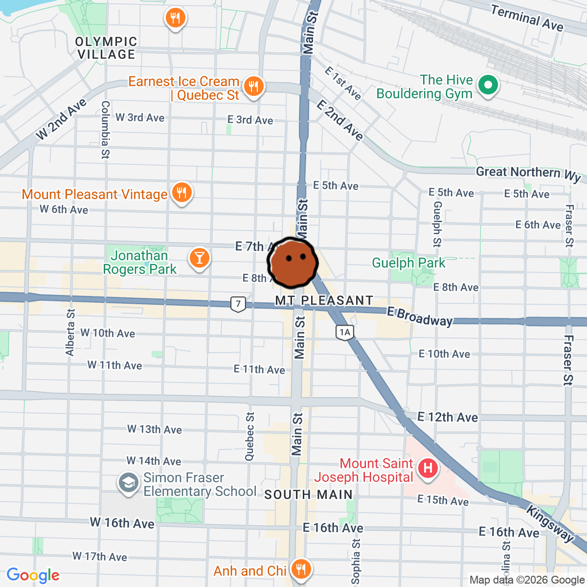 A map showing where F as in Frank is in Vancouver
