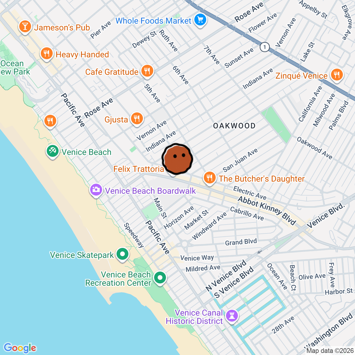 A map showing where Only The Wild Ones is in Venice