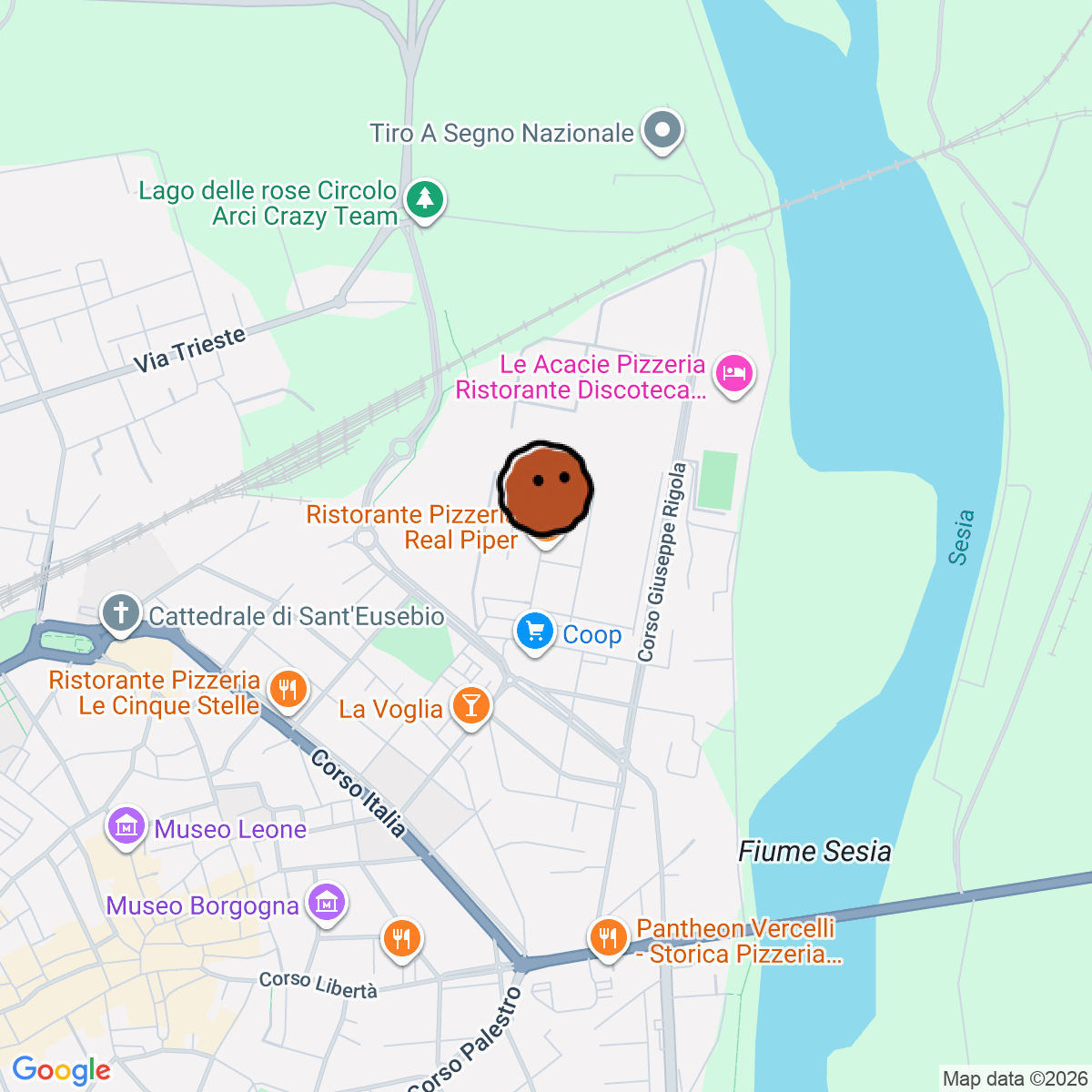 A map showing where Ottimo Mediterranean Boteco and Listening Bar is in Vercelli