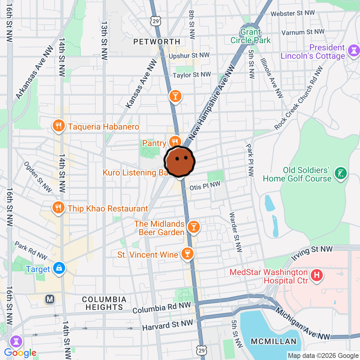 A map showing where Kuro Listening Bar is in Washington